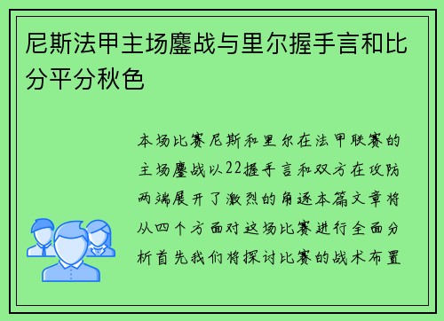 尼斯法甲主场鏖战与里尔握手言和比分平分秋色 尼斯法甲主场鏖战与里尔握手言和比分平分秋色